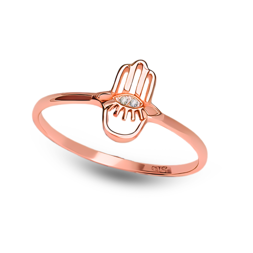 Hamsa Evil Eye Minimalist Ring with Diamonds in 14K Rose Gold