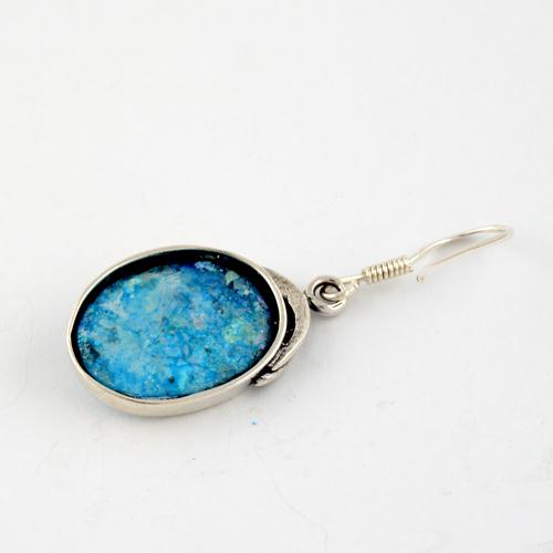 Roman Glass Oval Shaped Silver Earrings