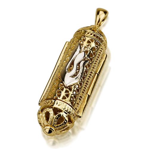 Mezuzah Pendant in 14k Yellow Gold Filigree Cylinder