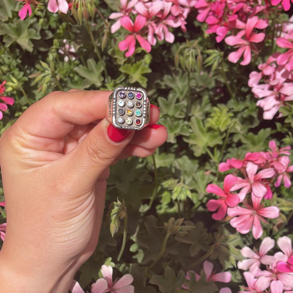 Sterling Silver Oxidized 12 Gemstones Hoshen Signet Ring