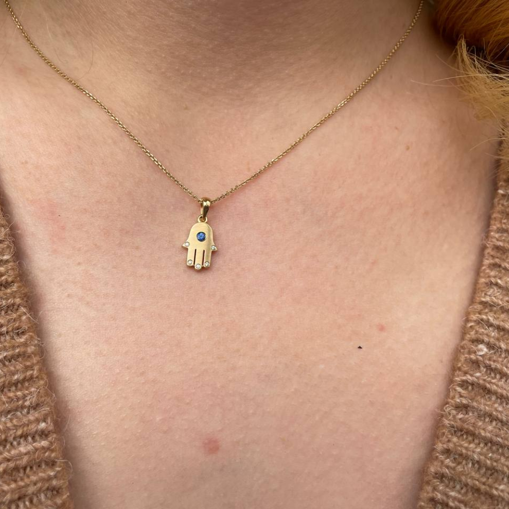 18k White Gold Diamond and Sapphire Hamsa Pendant