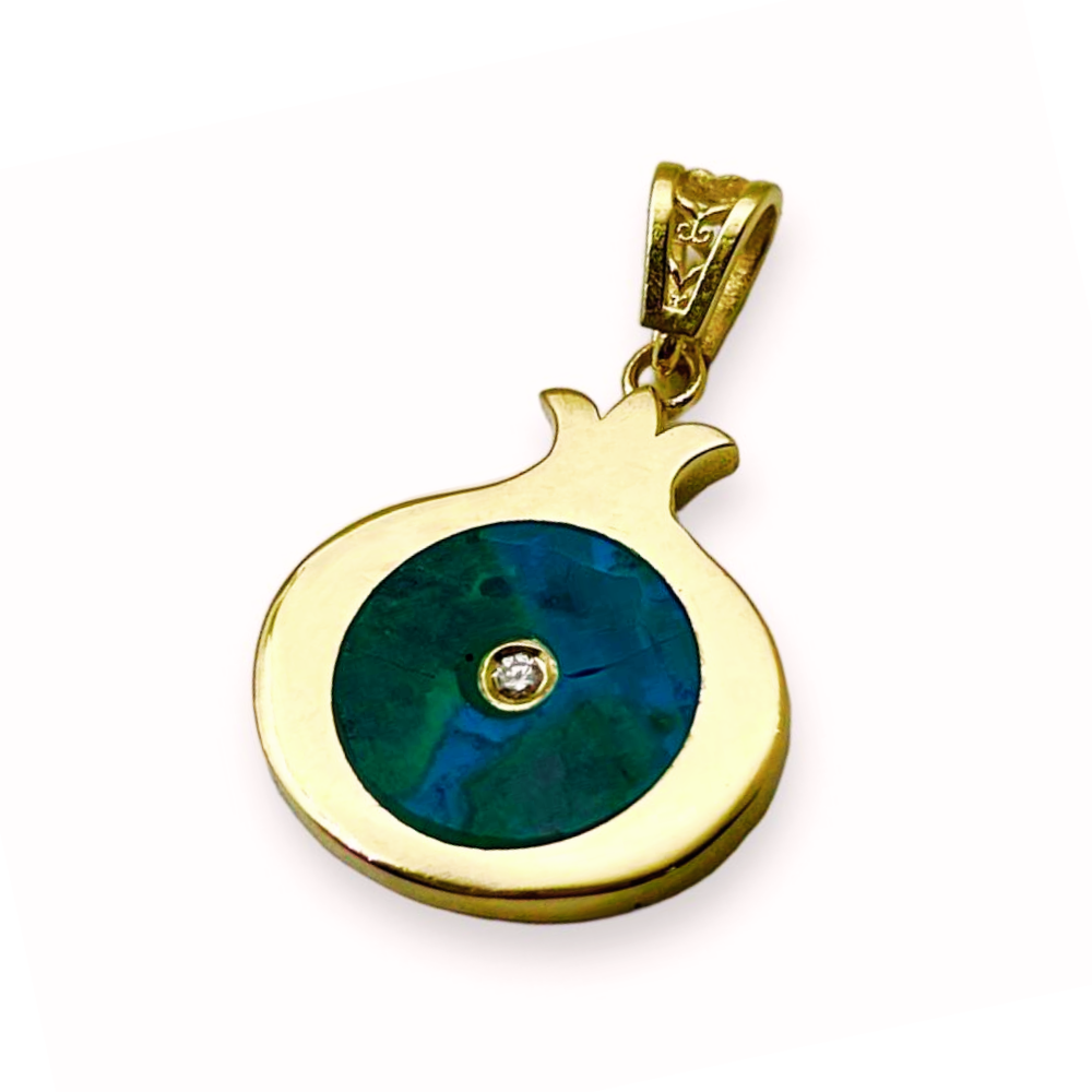Israeli Eilat & Diamond Pomegranate Pendant in 14K Gold