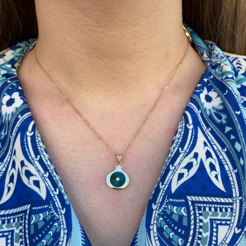 Israeli Eilat & Diamond Pomegranate Pendant in 14K Gold