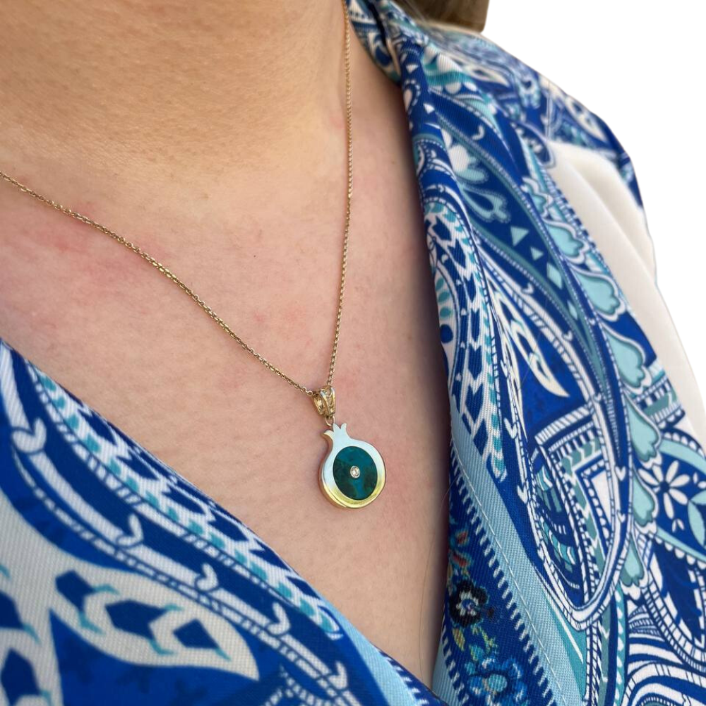 Israeli Eilat & Diamond Pomegranate Pendant in 14K Gold