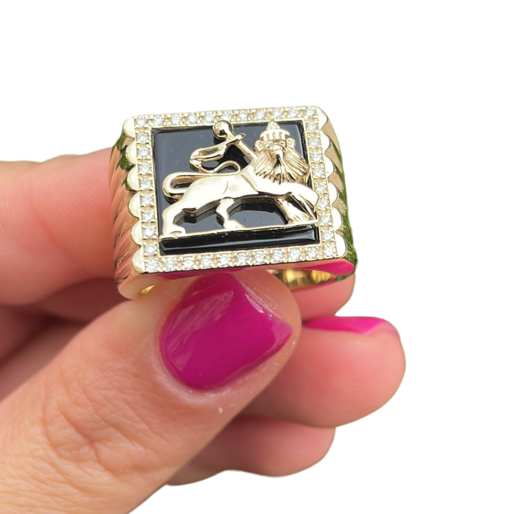 Lion of Judah Ring - Bob Marley Style 14K Yellow Gold Diamond Onyx