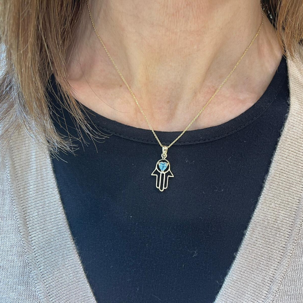 Heart Shaped Blue Topaz Hamsa Pendant - 14k Gold