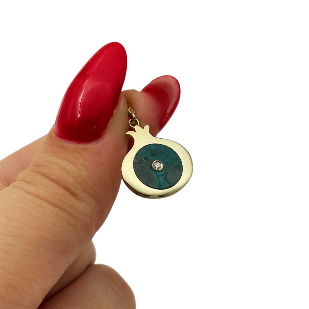 Israeli Eilat & Diamond Pomegranate Pendant in 14K Gold