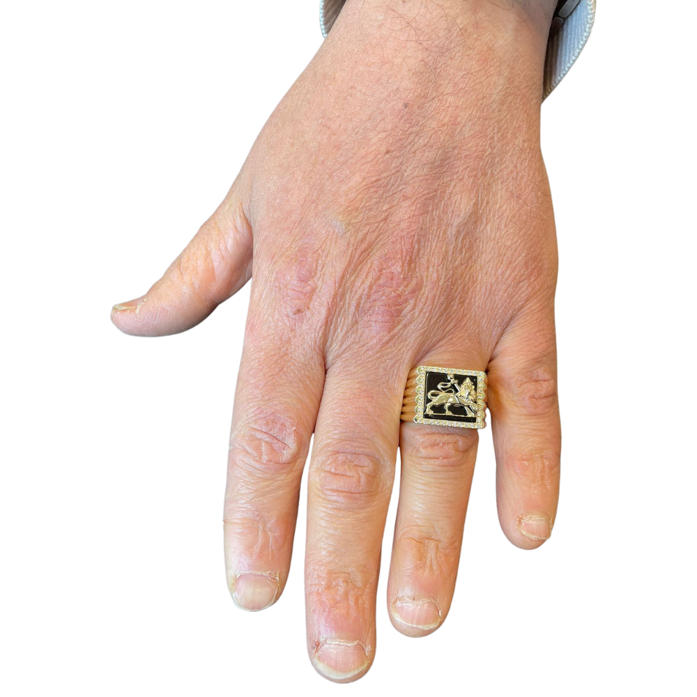 Lion of Judah Ring - Bob Marley Style 14K Yellow Gold Diamond Onyx