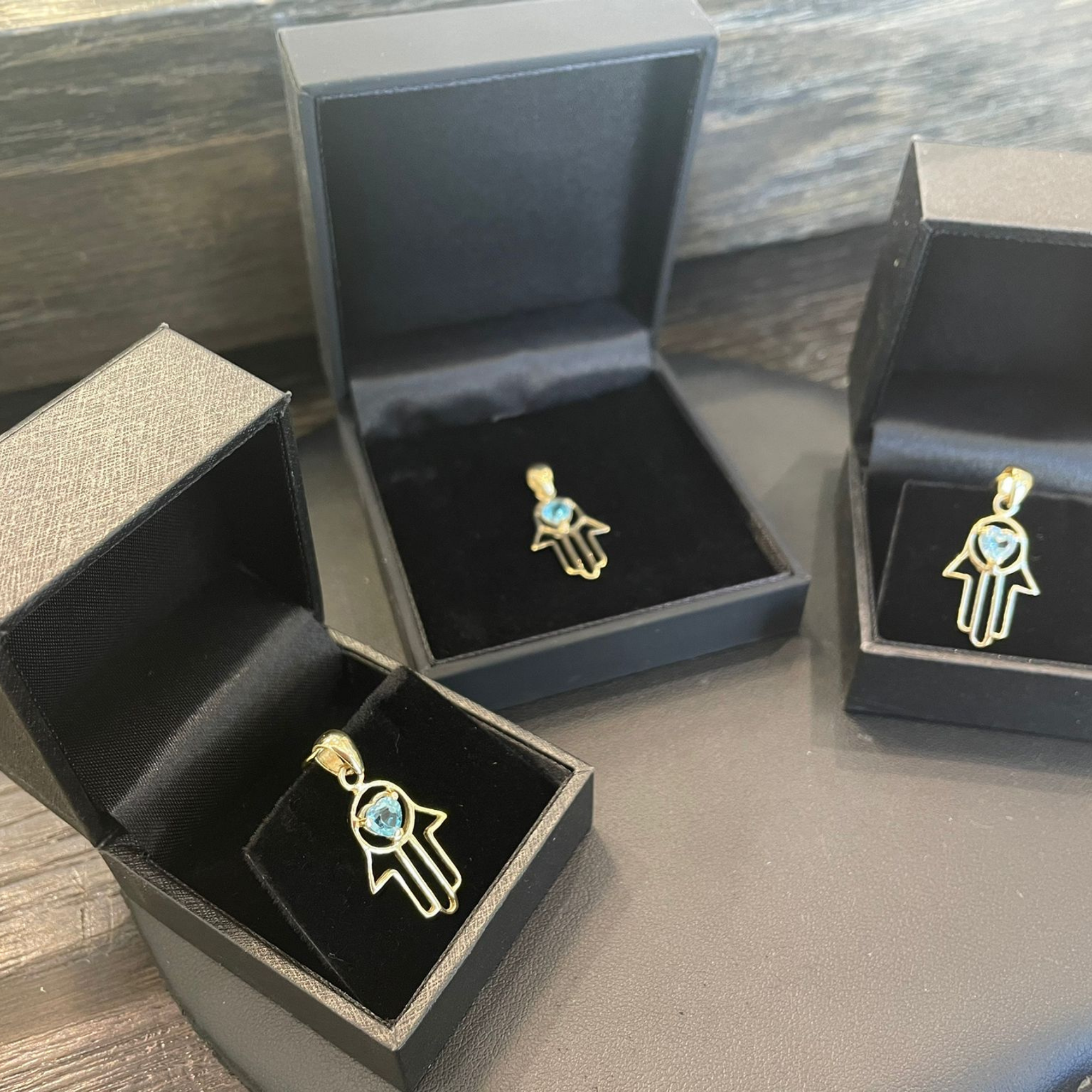 Heart Shaped Blue Topaz Hamsa Pendant - 14k Gold