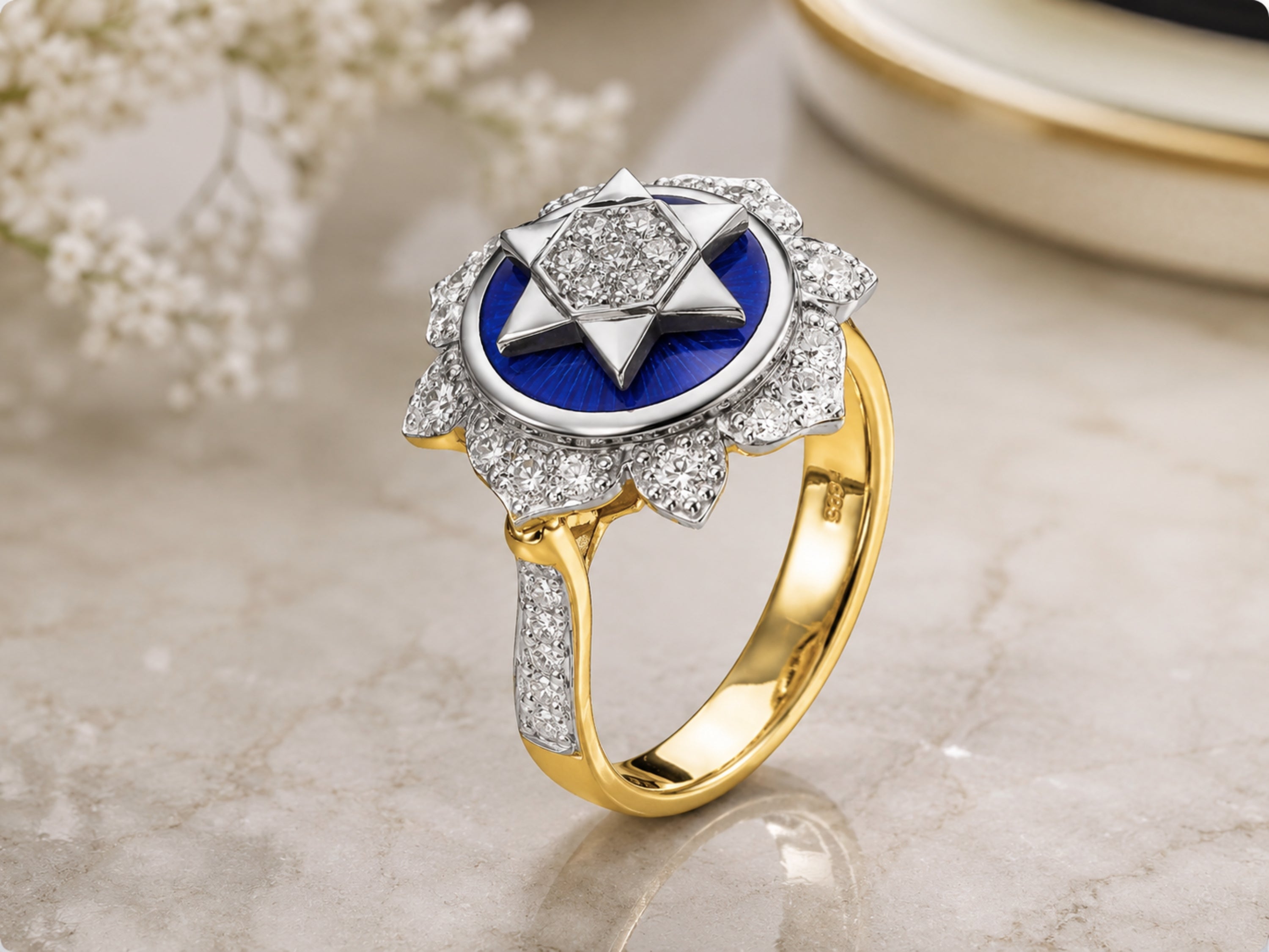 Star of David Ring - 14K Yellow & White Gold and Blue Enamel Diamond Studded