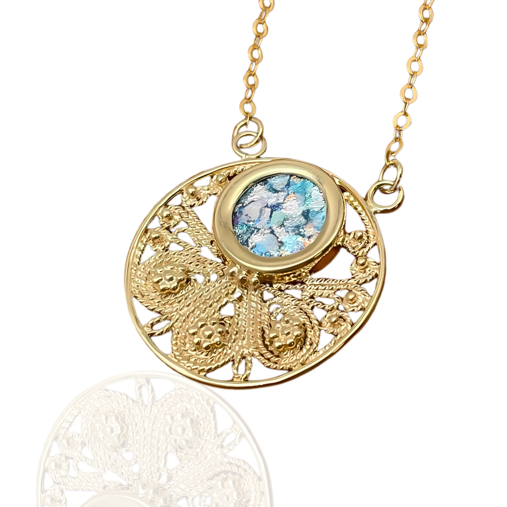 Roman Glass Round Pendant Necklace in 14K Gold Filigree Work