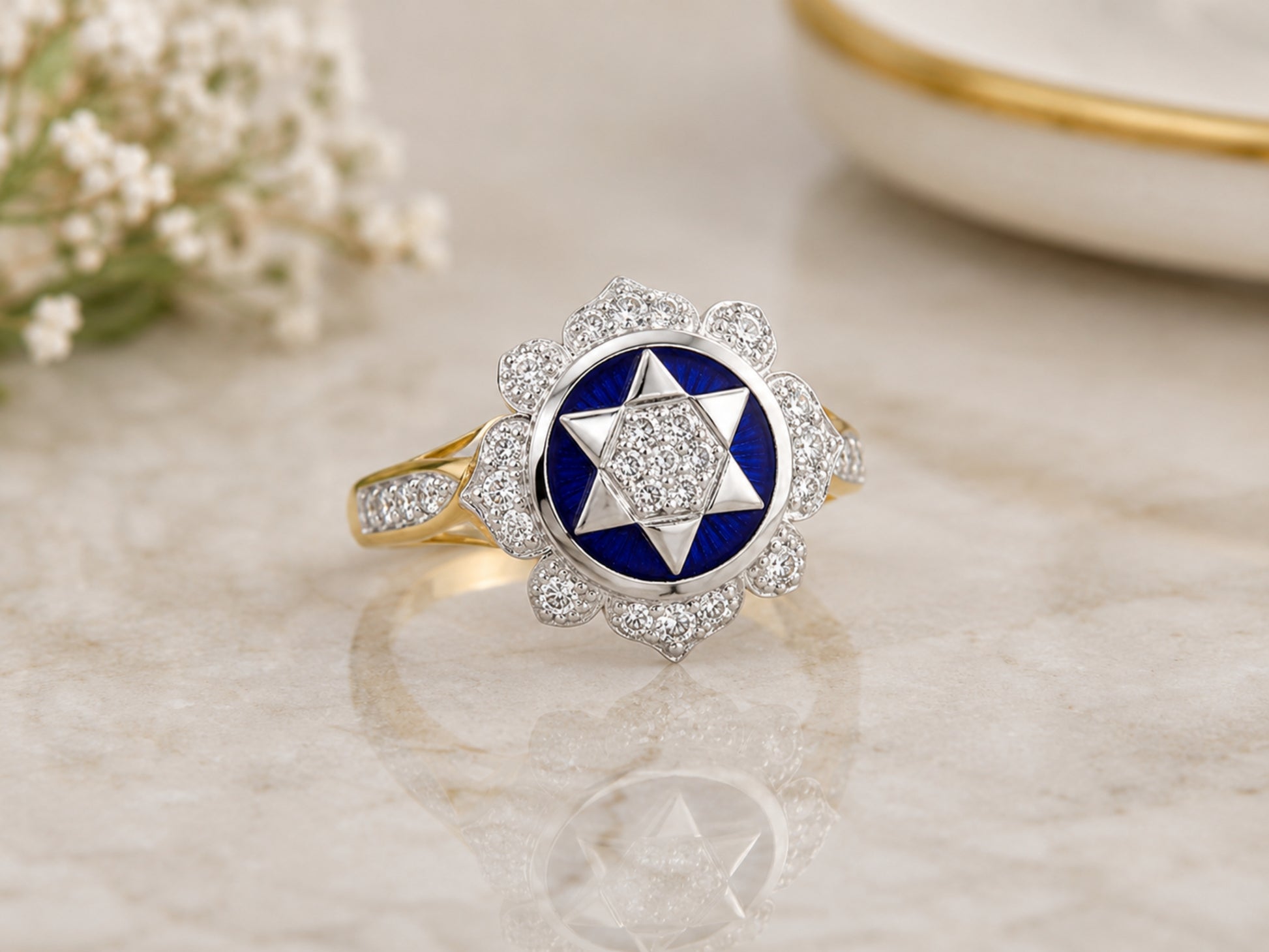 Star of David Ring - 14K Yellow & White Gold and Blue Enamel Diamond Studded