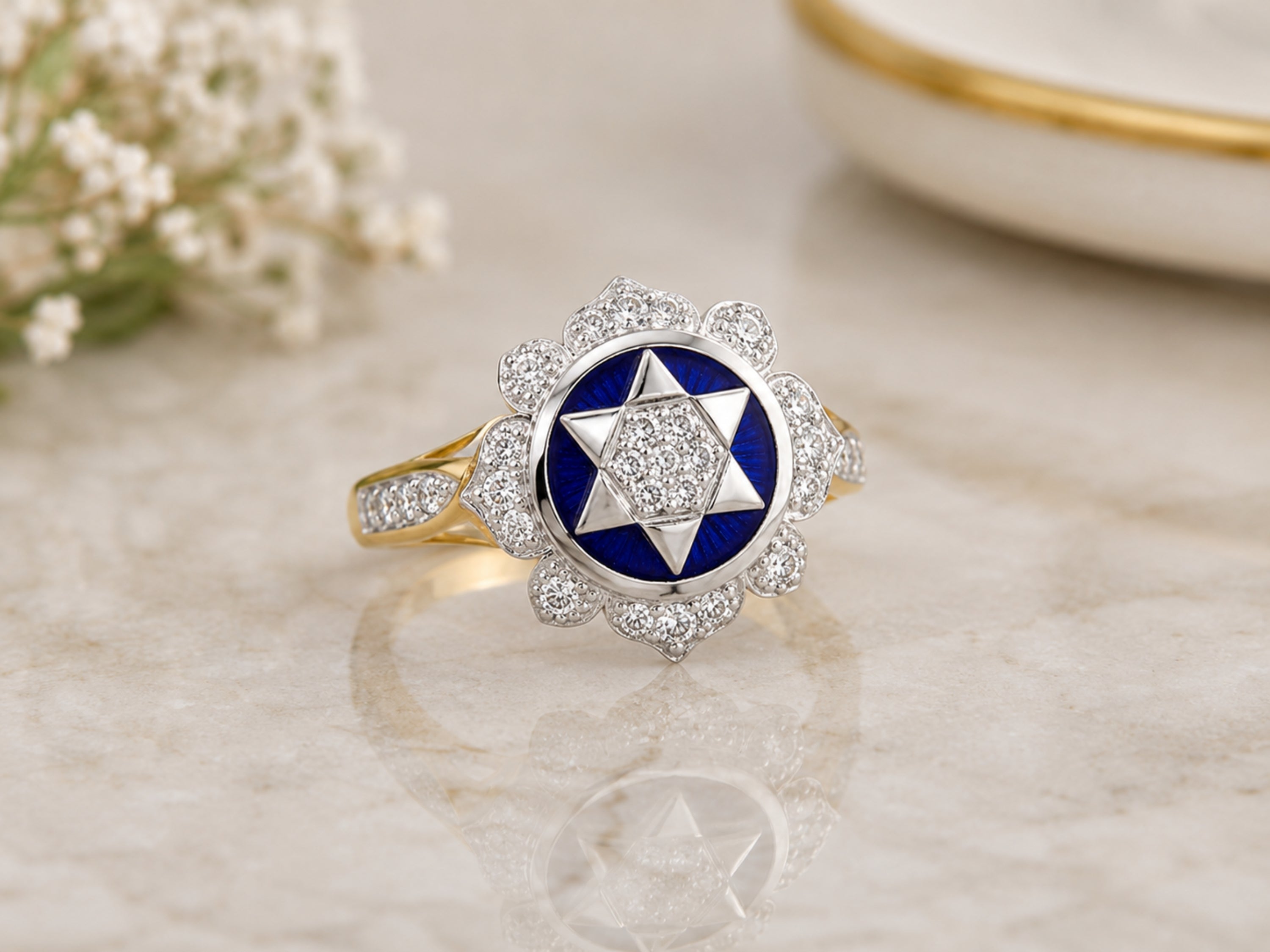 Star of David Ring - 14K Yellow & White Gold and Blue Enamel Diamond Studded