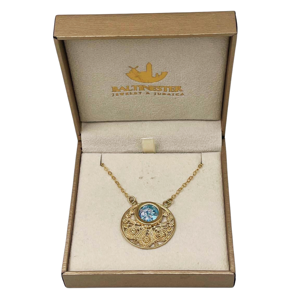 Roman Glass Round Pendant Necklace in 14K Gold Filigree Work