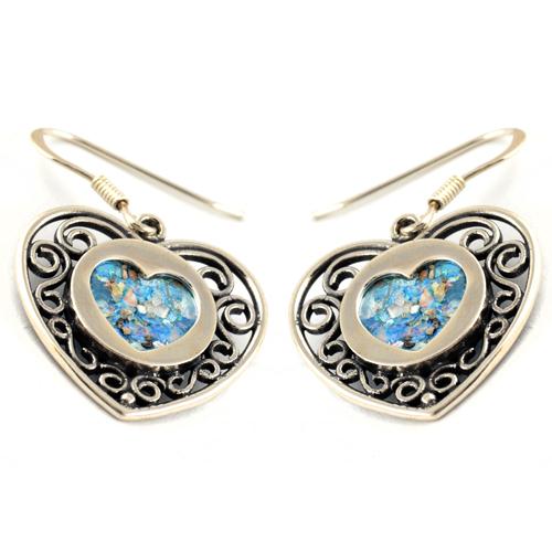 Silver Heart Shape Roman Glass Earrings