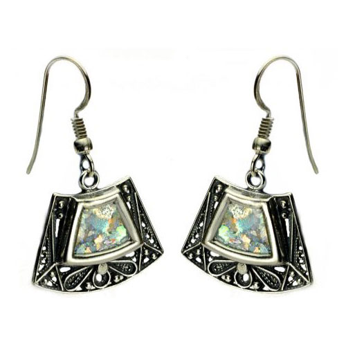 Sterling Silver Roman Glass Trapezoid Earrings