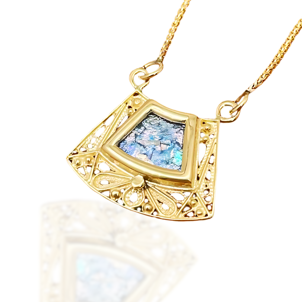 Roman Glass Trapezoid Pendant Necklace in 14K Gold Filigree Work