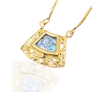 Roman Glass Trapezoid Pendant Necklace in 14K Gold Filigree Work