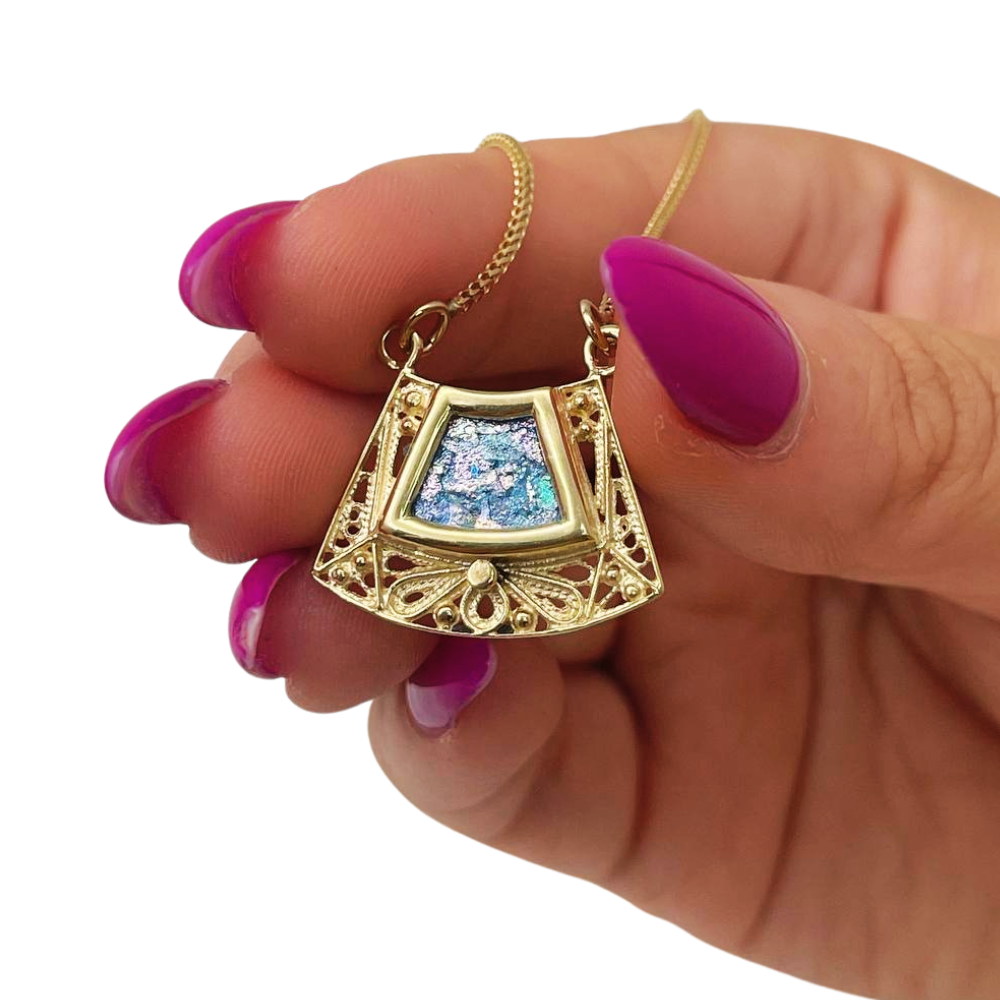 Roman Glass Trapezoid Pendant Necklace in 14K Gold Filigree Work