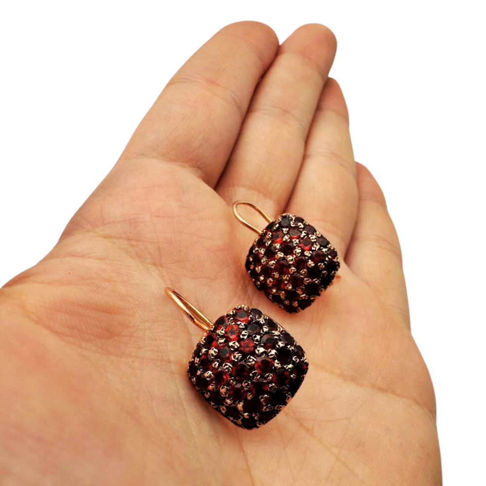 14K Rose Gold Garnet Pavé Square Earrings