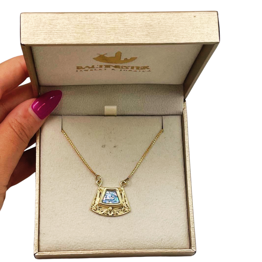 Roman Glass Trapezoid Pendant Necklace in 14K Gold Filigree Work