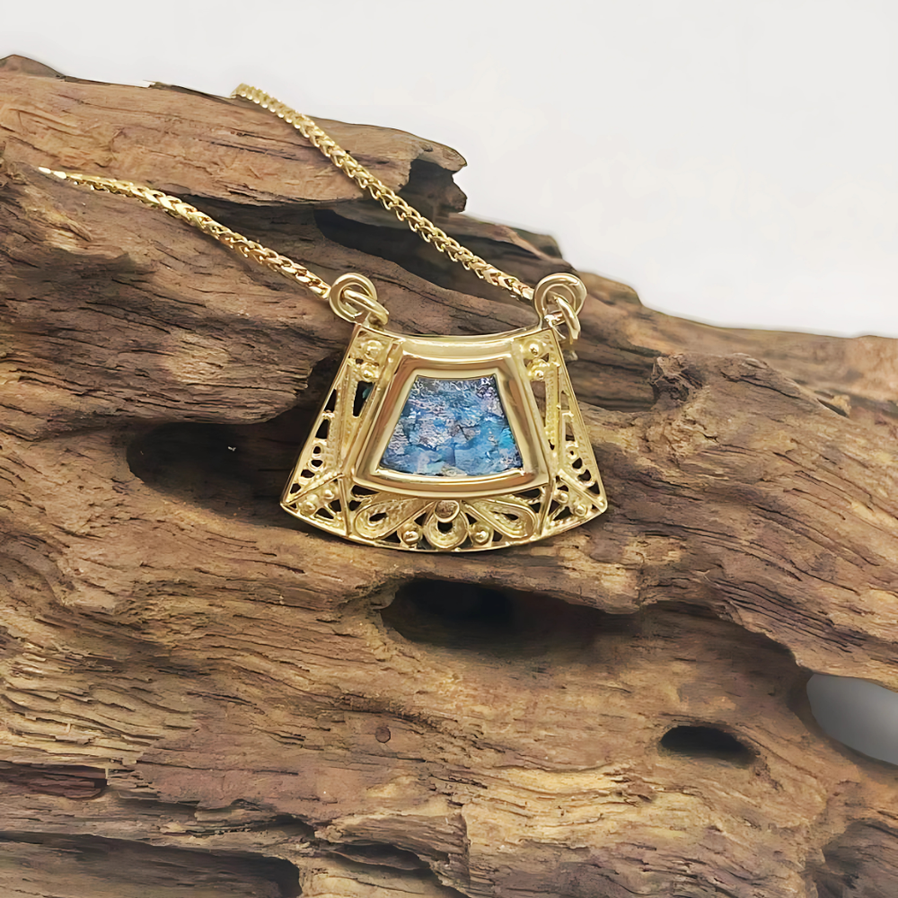 Roman Glass Trapezoid Pendant Necklace in 14K Gold Filigree Work