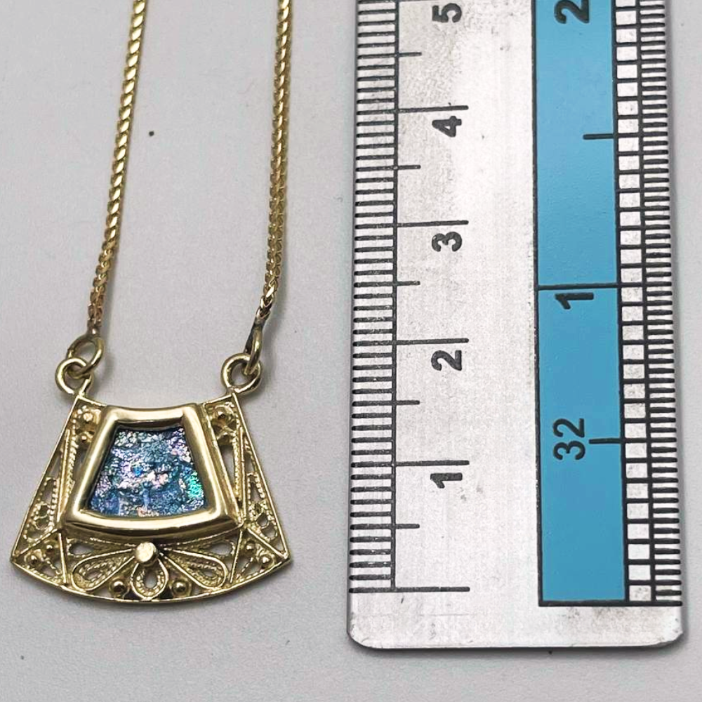 Roman Glass Trapezoid Pendant Necklace in 14K Gold Filigree Work