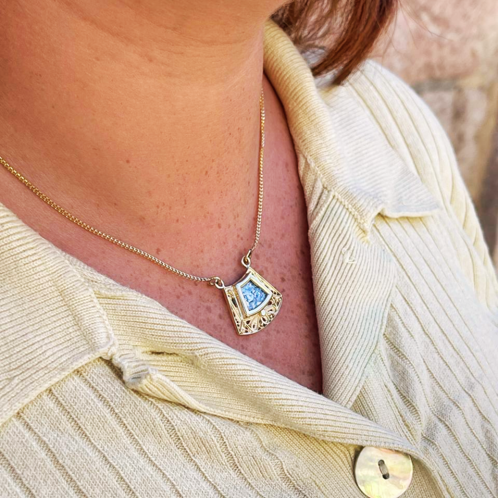 Roman Glass Trapezoid Pendant Necklace in 14K Gold Filigree Work