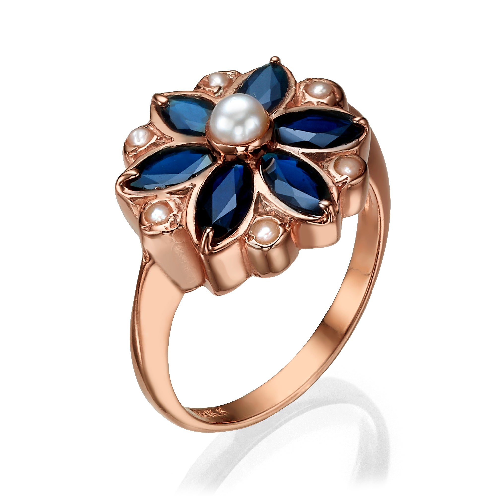 14K Rose Gold Vintage Style Ring with Sapphires and Pearls
