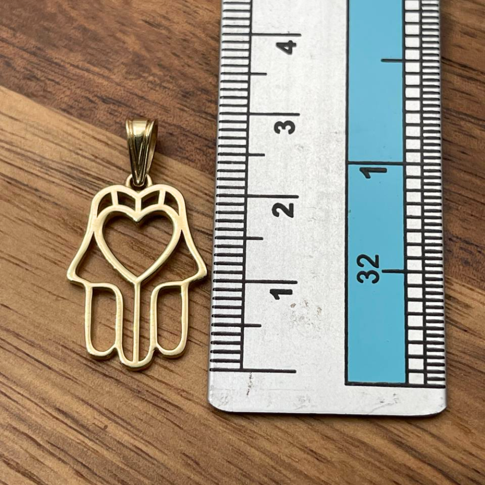14k Gold Heart Outline Hamsa Pendant