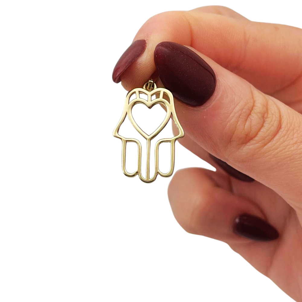 14k Gold Heart Outline Hamsa Pendant