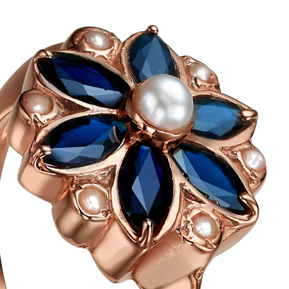 14K Rose Gold Vintage Style Ring with Sapphires and Pearls