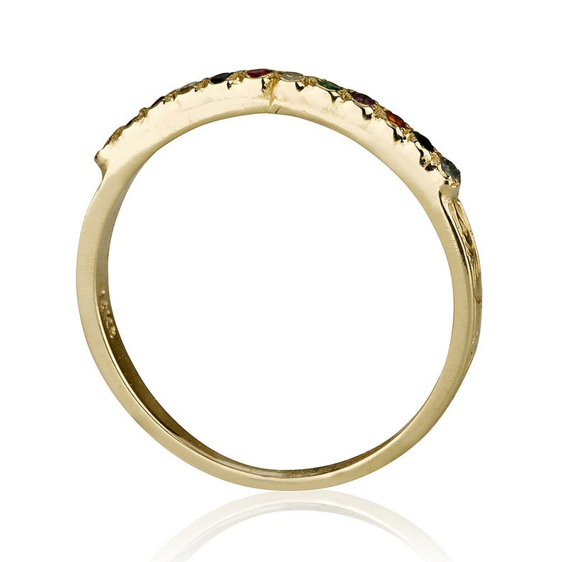 14K Yellow Gold Slim Band Kabbalah Ring with 12 Hoshen Gems