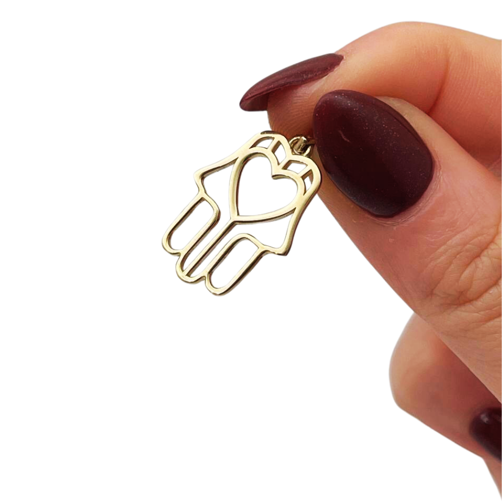 14k Gold Heart Outline Hamsa Pendant