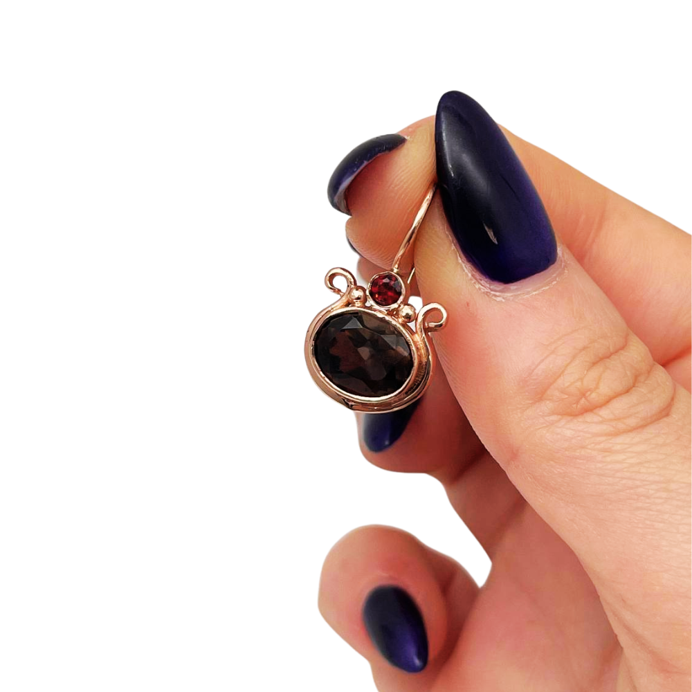 14k Rose Gold Smoky Topaz Garnets Pomegranate Hook Earrings