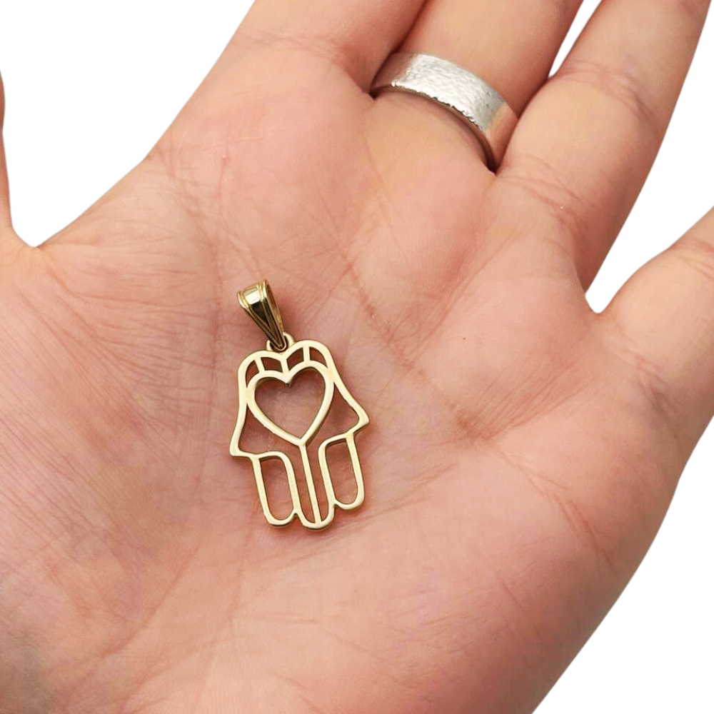 14k Gold Heart Outline Hamsa Pendant