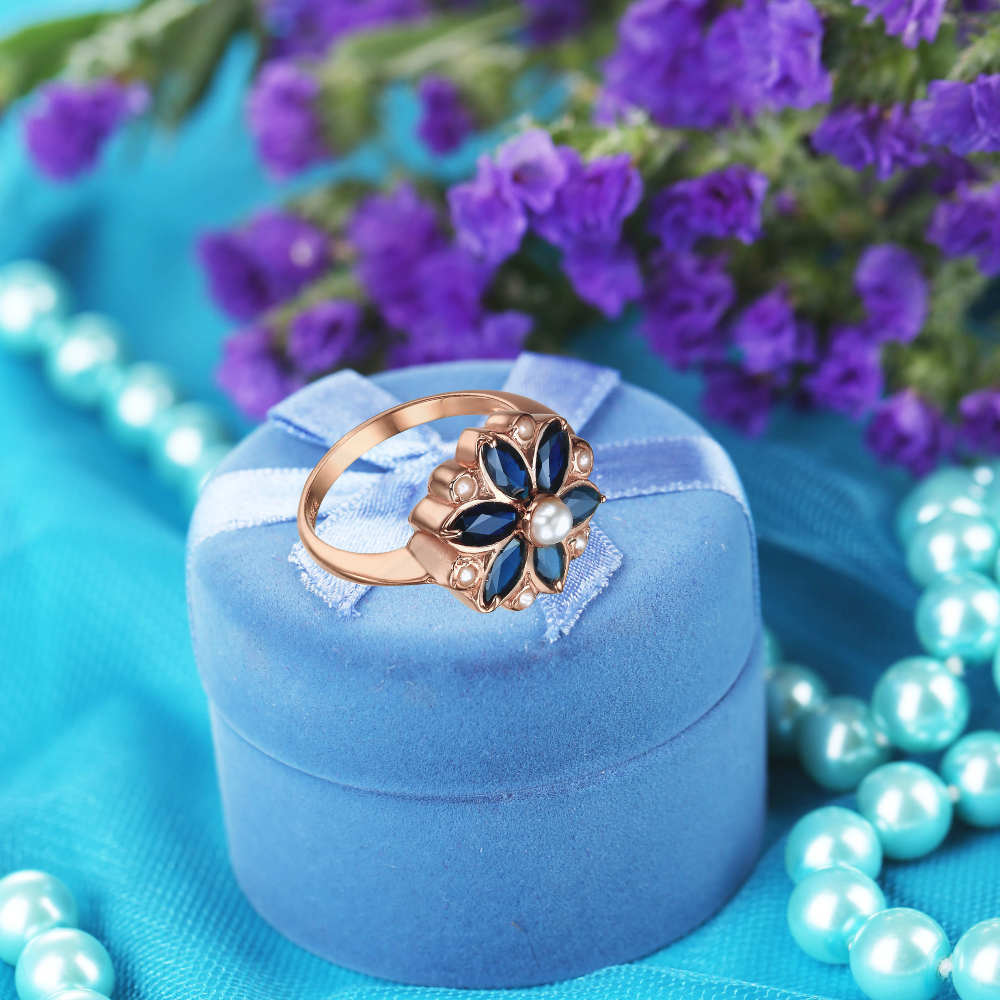 14K Rose Gold Vintage Style Ring with Sapphires and Pearls