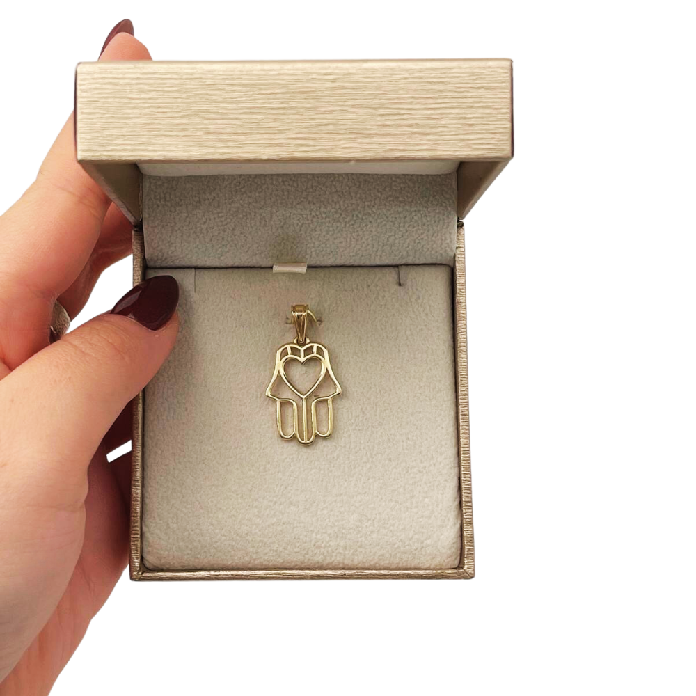 14k Gold Heart Outline Hamsa Pendant