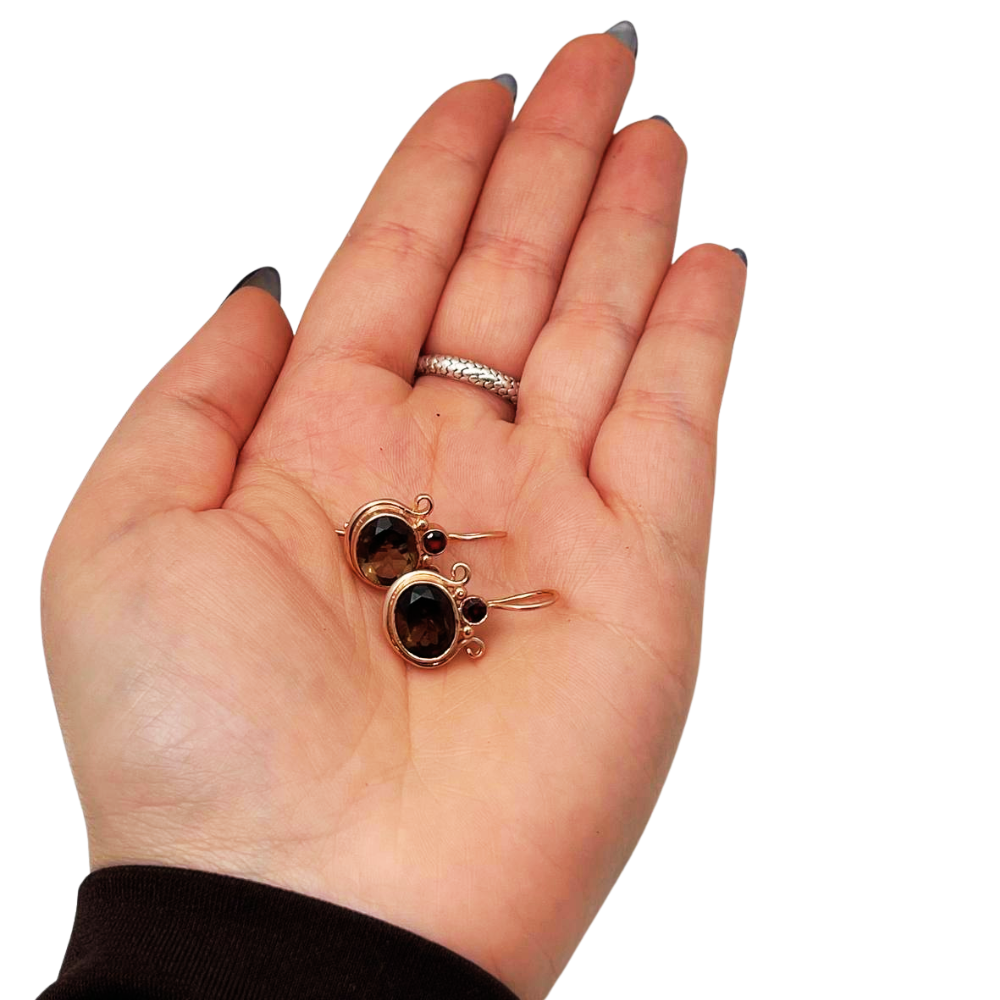 14k Rose Gold Smoky Topaz Garnets Pomegranate Hook Earrings