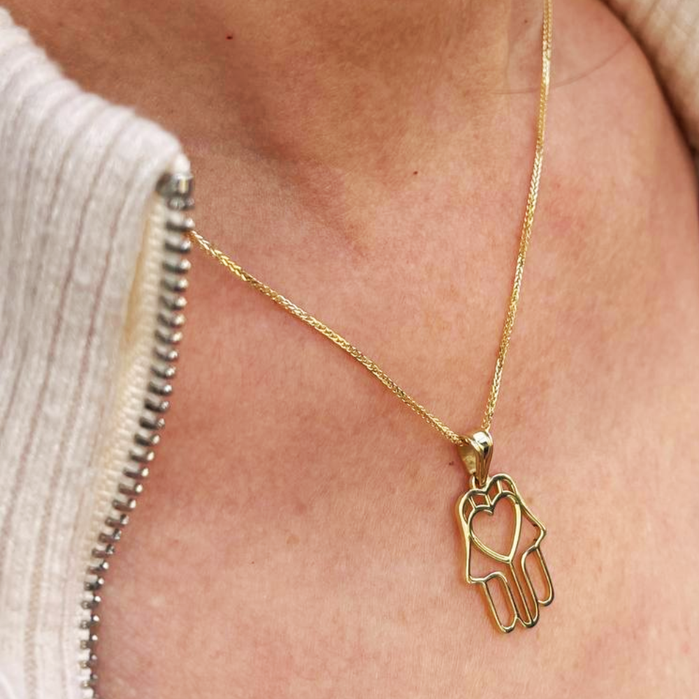 14k Gold Heart Outline Hamsa Pendant