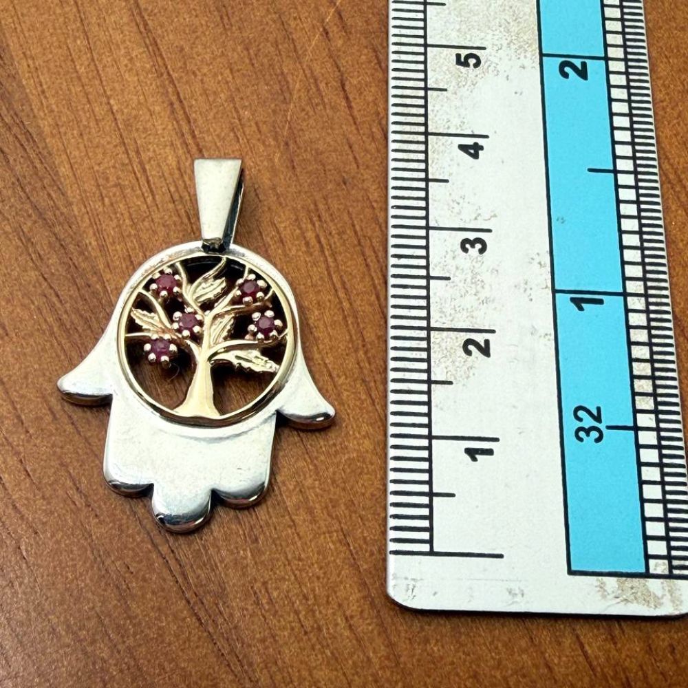 Sterling Silver & Gold Hamsa Tree of Life Pendant Necklace with Genuine Rubies