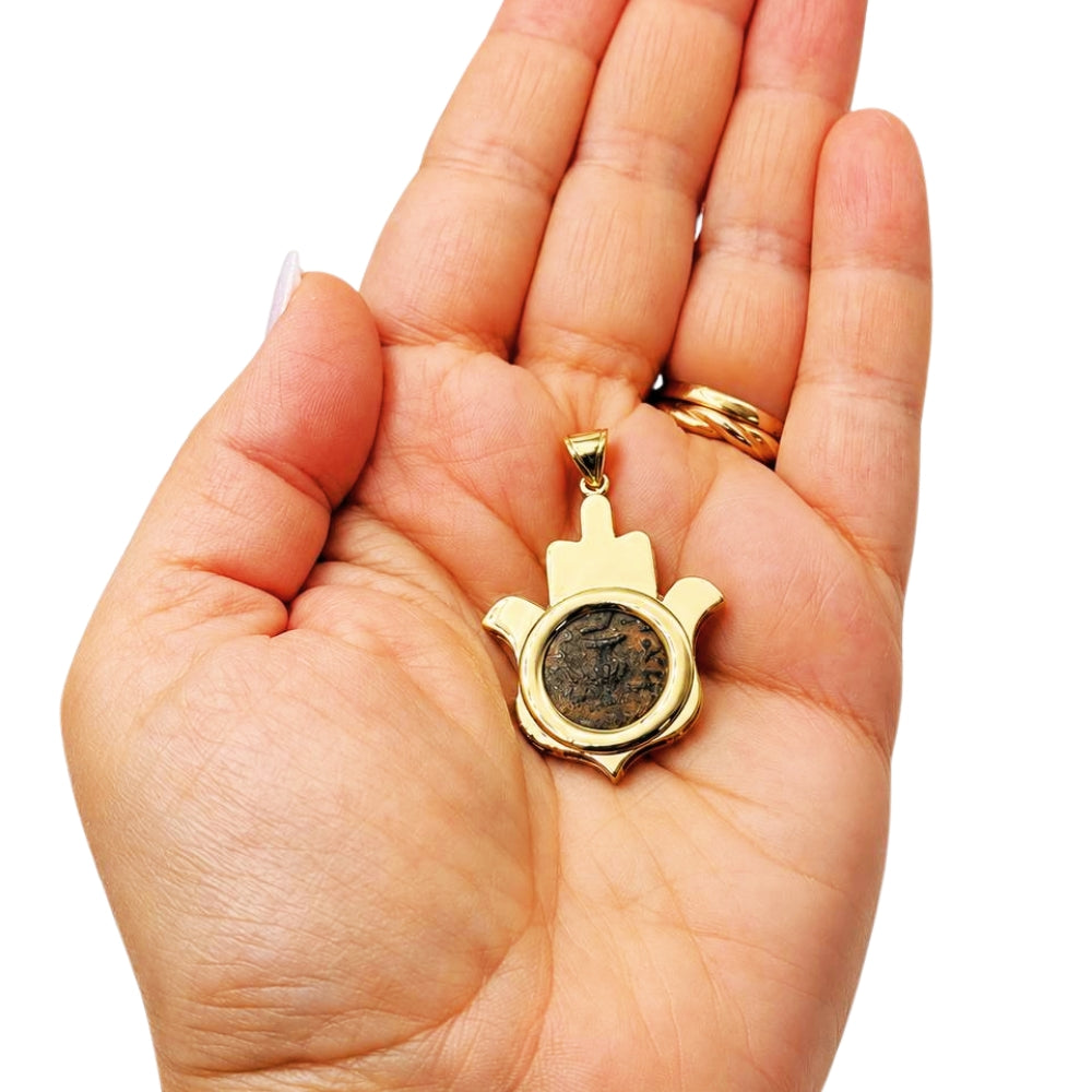 14k Gold Hamsa Pendant with Masada Coin