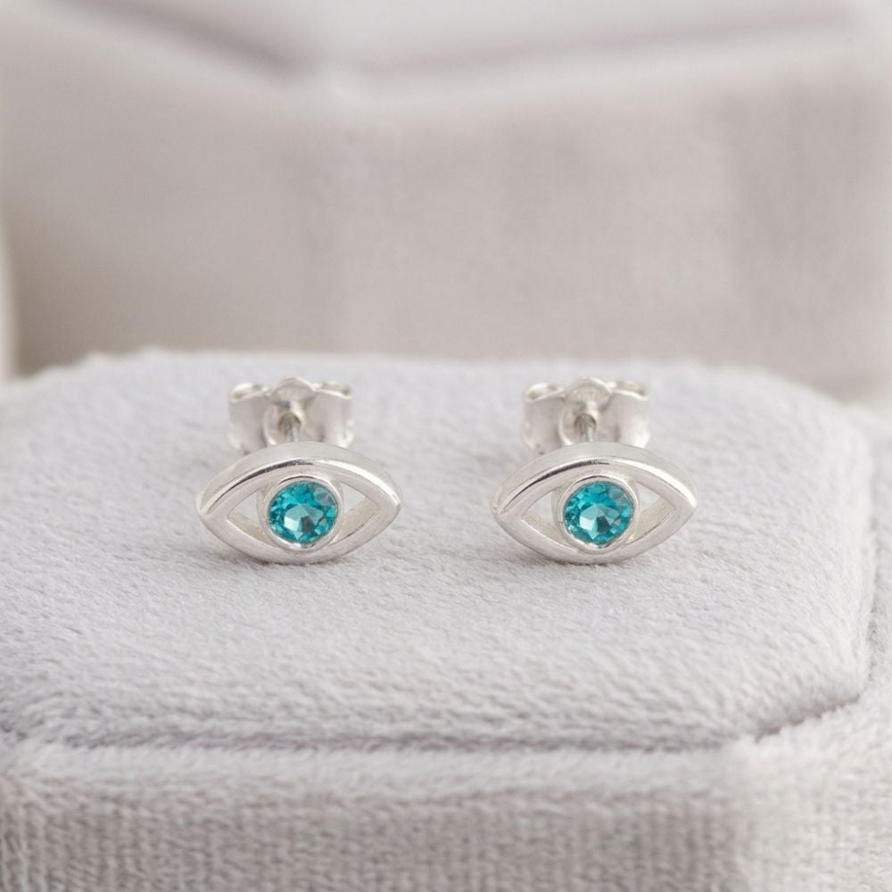 Sterling Silver Evil Eye Stud Earrings Swarovski Crystal Birthstone