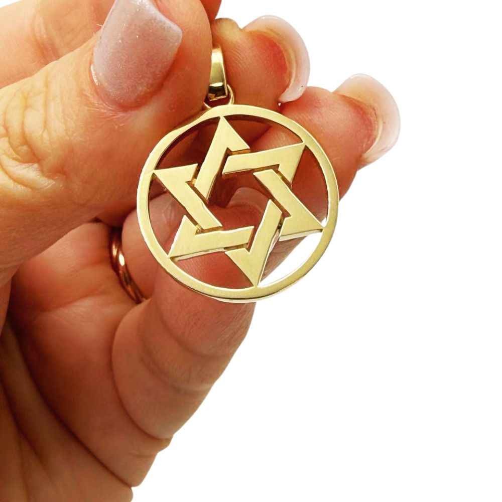 14K Solid Gold Round Star of David Pendant