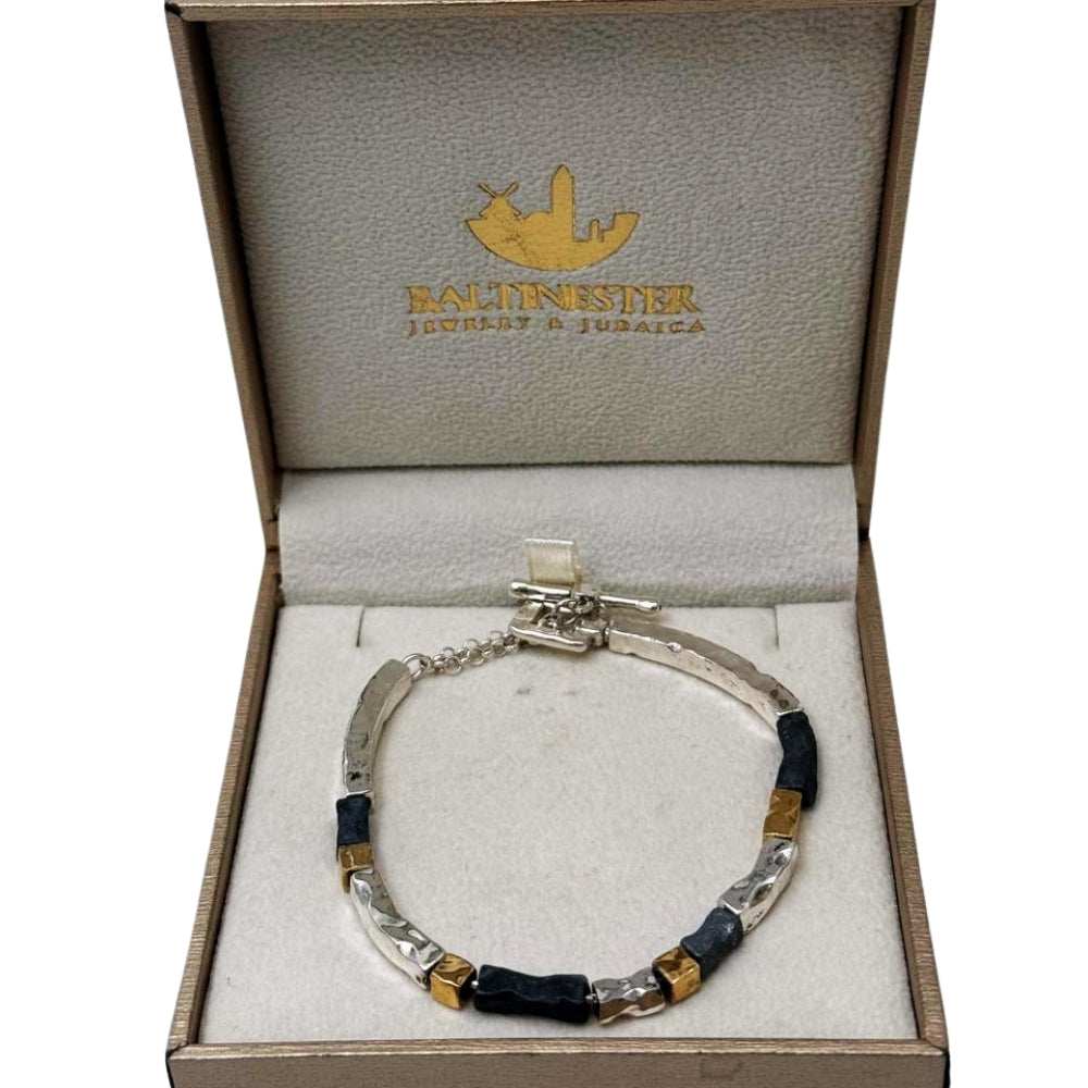 Handcrafted Israeli Mixed-Metal Bar Bracelet – Silver, Oxidized Silver & Gold Plated