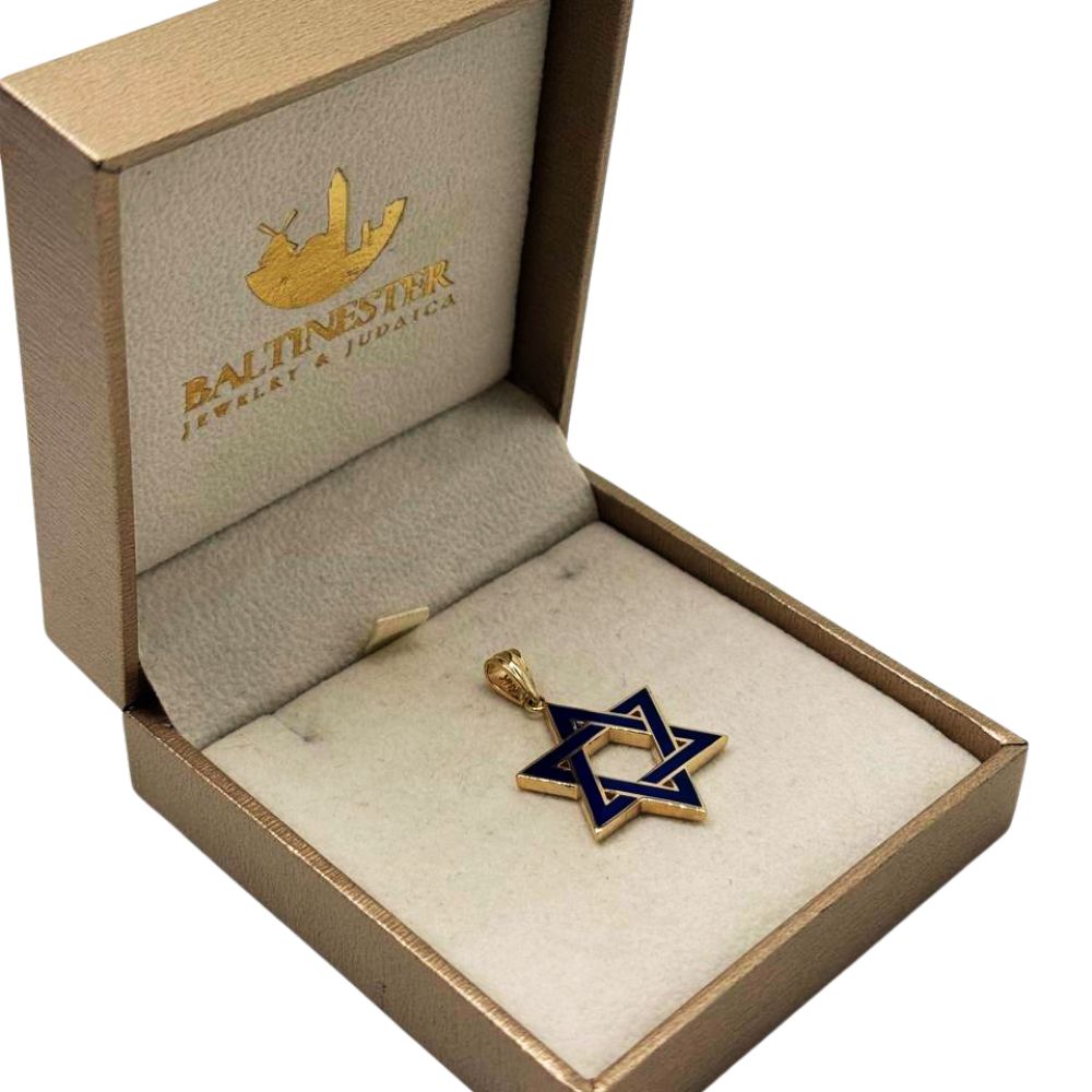 14K Gold Blue Enamel Star of David Pendant