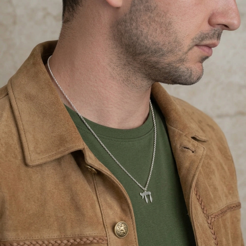 Diamond Chai Necklace for Men  Sterling Silver Jewish Life Pendant