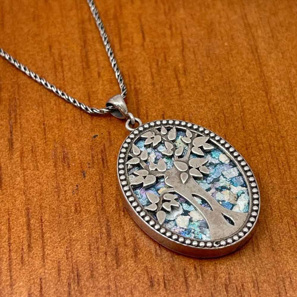Tree of Life Necklace with Roman Glass in Sterling Silver Oval