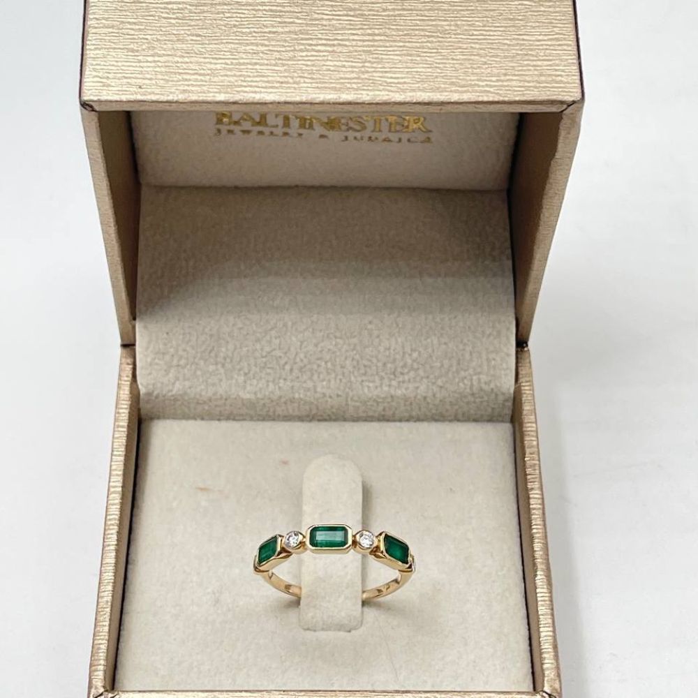 14K Yellow Gold Emerald & Diamond Geometric Band Ring