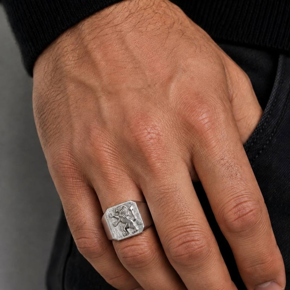 14K White Gold Lion of Judah Signet Ring Jewish Symbol Men's Statement Ring